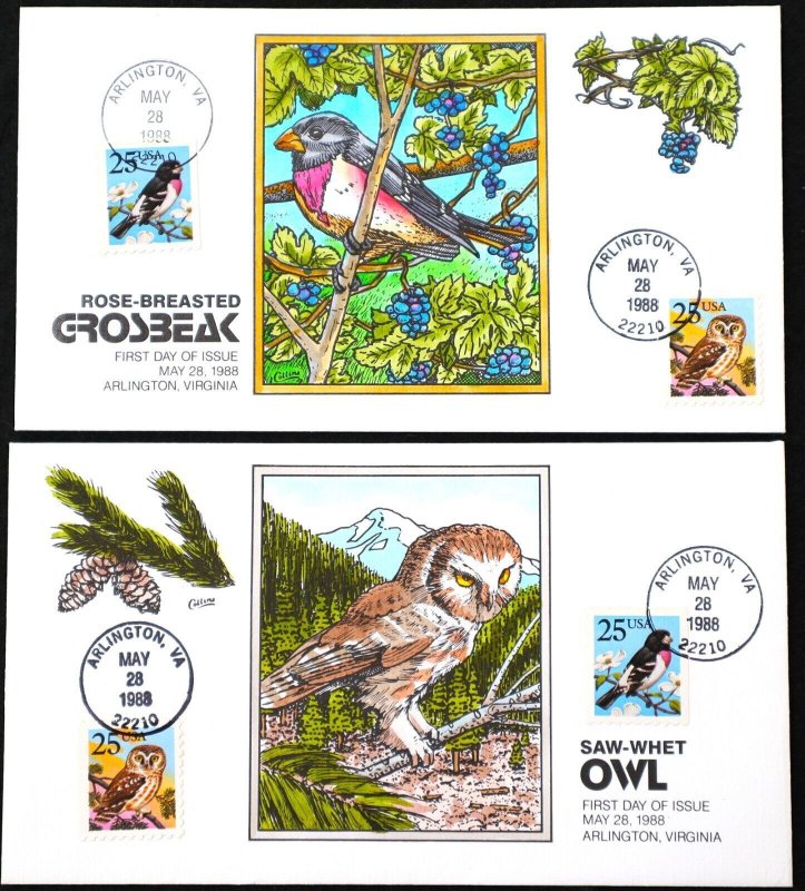 U.S. Used #2284 - 2285 25c Owl/Grosbeak Lot of 2 1988 Collins First Day Covers.