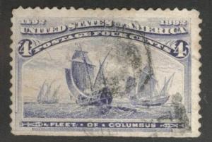 USA Scott 233 Used 1893 Colombian 4c stamp Thinned Straight Edge