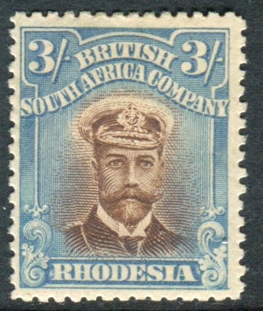 RHODESIA-1913-19  3/- Chestnut & Bright Blue.   A mounted mint example Sg 237