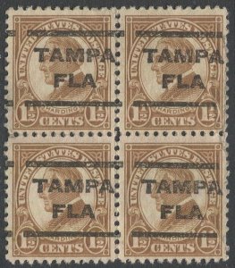 US 1925 Sc 553  1-1/2c Used Block TAMPA FLA Precancel, Missing Periods