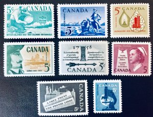Canada #375-382. Set of 1958 Canadian commemoratives. Eight stamps. MNH