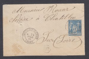 France Sc 92 on 1886 miniature cover, CHATILLON SUR LOIRE local use, OR in circl