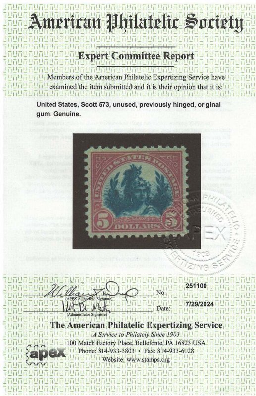 U.S. Scott # 573; 1923 $5 car & bl America 