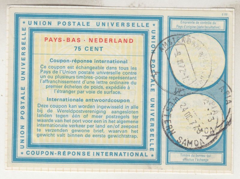 NETHERLANDS, INTERNATIONAL REPLY COUPON, 1972 75c., cashed in Apia, Samoa.