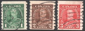 Canada SC#228-230 1¢-3¢ King George V Coil Singles (1935) Used