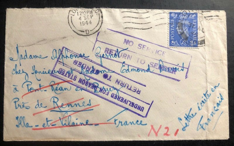 1944 London England Return To Sender Due No Service Cover To Pont Rean France