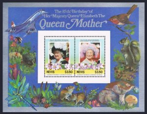 Nevis 432-433, MNH. Michel Bl.6-7. Queen Mother Elizabeth, 85th birthday. Fauna.