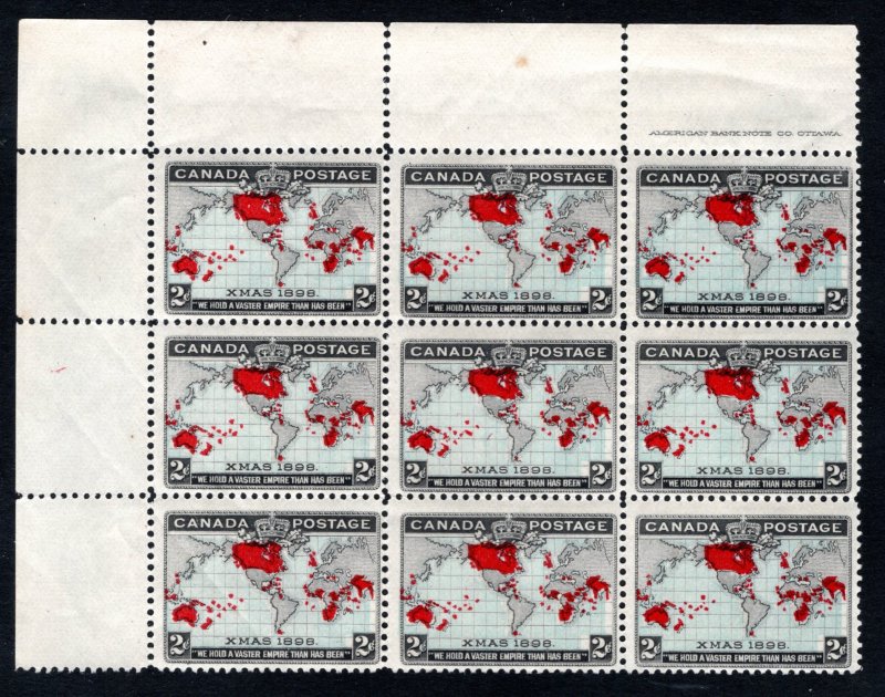 Scott 86, UL Corner Block of 9 with margin imprint, MNHOG, F, Canada, Imperial P