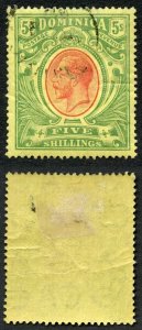 Dominica SG54 5/- Red and green/yellow Fine used (top value) light bend Cat 100