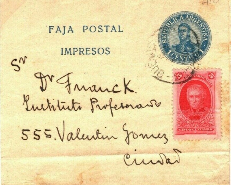 ARGENTINA Postal Stationery Uprated WRAPPER 1 Centavo Buenos Aires c1910 SV24