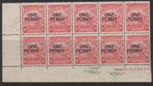 BARBADOS SG264/d 1947 1d on 2d CARMINE BROKEN E R11/4 IN MNH BLOCK OF 10