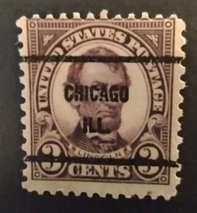 US Scott 635 3c Lincoln USED F/VF NH Perf 11x10.5 Chicago Ill PRECANCEL 1927 USA