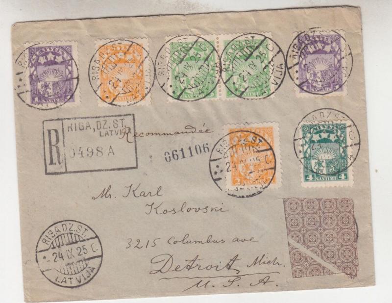 LATVIA, 1925 Reg. cover, Riga to USA, 1s.(2), 2s.(2), 4s., 5s.(2) stamp cut out.