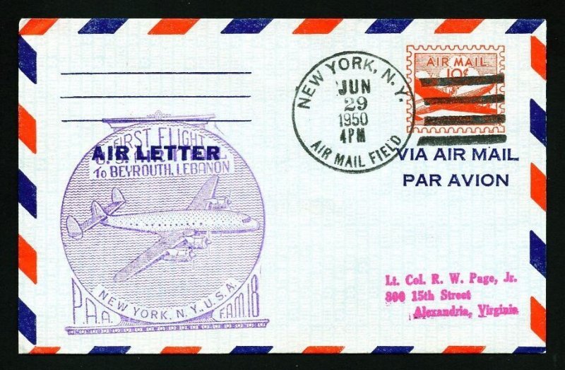 # UC16 FAM # 18 First Flight from New York to Lebanon dated 6-29-1950 - # 2