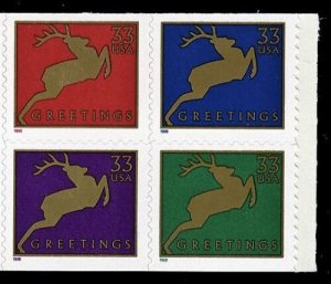 1999 33c Christmas Greetings Deer, Block of 4 Scott 3364-3367 Mint F/VF NH