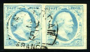 Netherlands #1a (NVPH 1) Cat€200, 1852 5c light blue, horizontal pair, used...