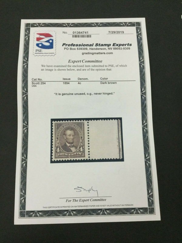 MOMEN: US STAMPS #254 MINT OG NH VF JUMBO PSE CERT