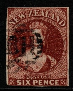 NEW ZEALAND SG99 1864 6d RED-BROWN (3 MARGINS) USED