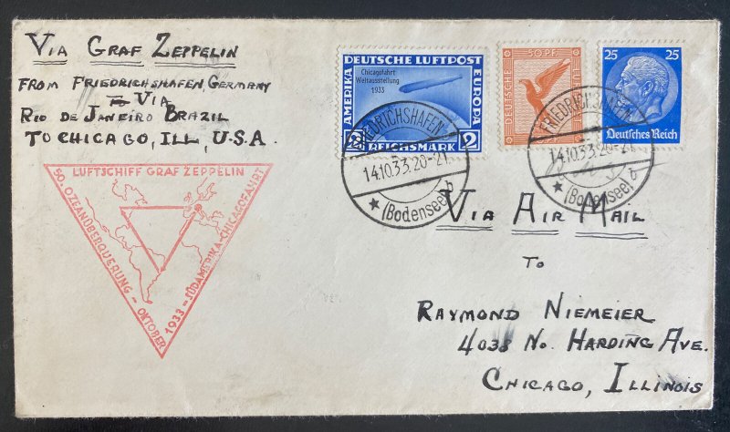 1933 Germany Graf Zeppelin Century of Progress Flight Cover to Chicago Usa #C44