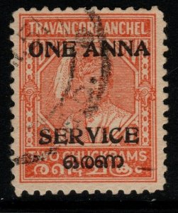 INDIA-TRAVANCORE-COCHIN SGO4c 1949 1a on 2ch ORANGE p11 USED