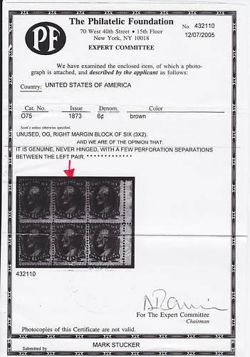 US Sc O75 MNH. 1873 6c Lincoln Treasury Official, Cert