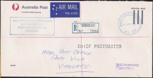 AUSTRALIA QUEENSLAND 1991 AP Reg cover to Vanuatu - State Parcels Centre...B1370