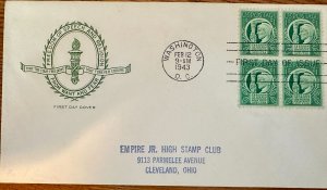 1943 FDC, #908, 1c Four Freedoms, House of Farnam, block of 4