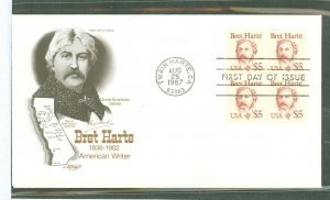 US 2196 1987 $5 Bret Harte (high value of the Great American Series) block of four on an unaddressed first day cover with an Art