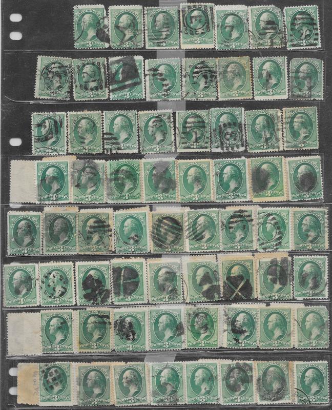 207 Used, 3c. Washington, 105 stamps, scv: $84  FREE INSURED SHIPPING,108