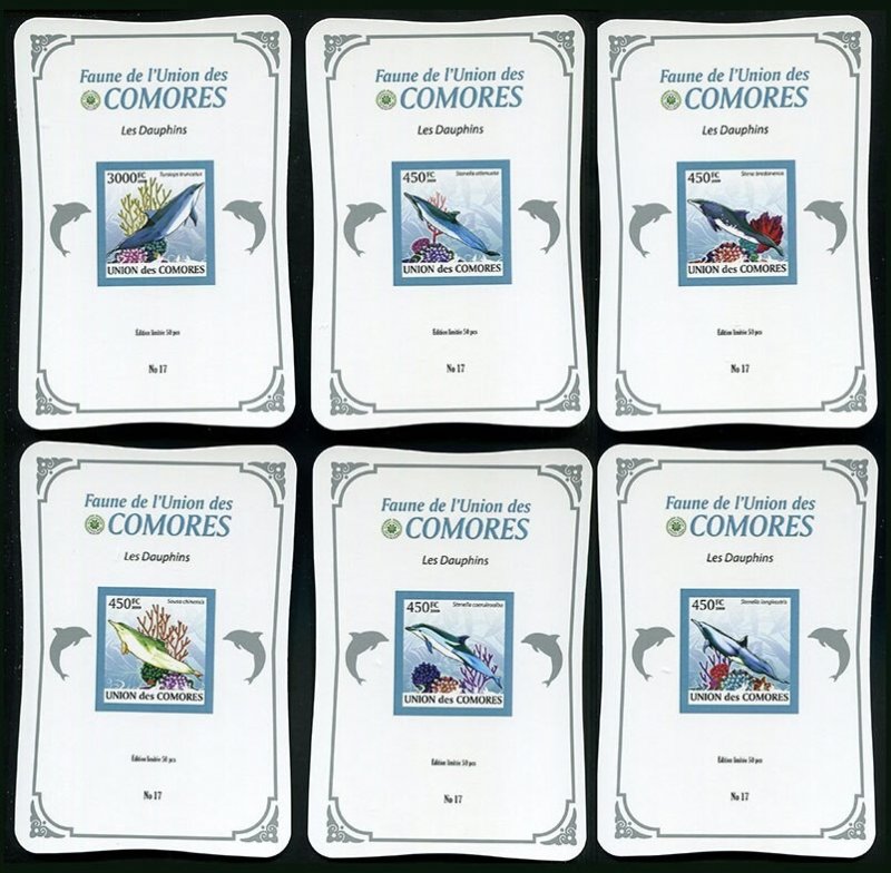 Ly510 2009 Comoros Dolphins Marine Life Fauna Silver ! Cardboard 6Bl Mnh