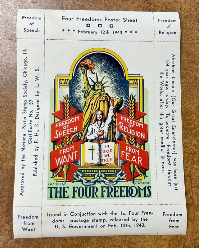 Vintage WW2 Era  Poster Stamp Staehle design patriotic four Freedoms