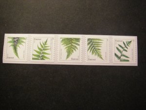 Scott 4973a -7a or 4977c, Forever Ferns, Strip of five, MNH Coil Beauty