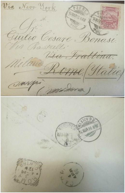 O) 1896 MEXICO, MULITA  ISSUE - MAIL COACH SCOTT A23 10 CENTS, FROM PUEBLA TO IT 