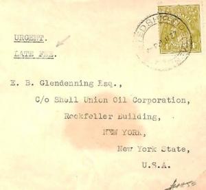 Australia Cover LATE FEE Maritime Mail USA New York KGV 4d Sideface 1937 W26d