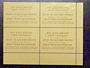 RW42  CANVASBACK Duck STAMP 1975  Plate Block of 4 NH cv $90