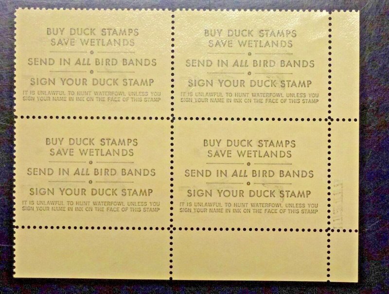 RW42  CANVASBACK Duck STAMP 1975  Plate Block of 4 NH cv $90