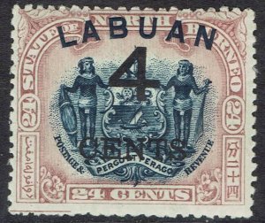 LABUAN 1899 LARGE 4C OVERPRINTED ARMS 24C PERF 13.5 - 14