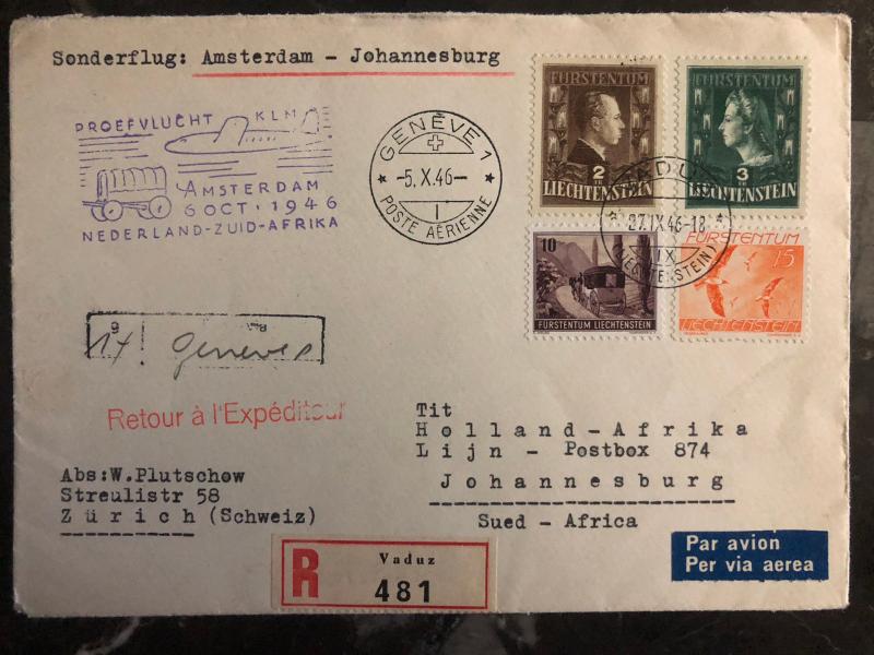 1946 Lichtenstein Amsterdam to South africa First Flight Cover FFC # 215 216