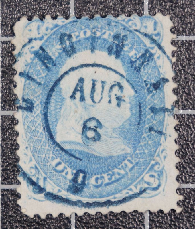 Scott 63 1 Cent Franklin Used Nice Stamp Blue Cincinnati 6 Aug Cancel SCV $45.00 