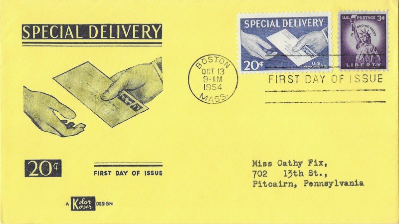 1954 Special Delivery FDC, #E20, 20c Letter, Kolor Kover