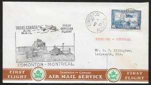 CANADA First Flight Cover c1939 Edmonton to Montreal