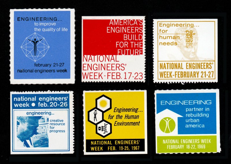 POSTER STAMPS NATIONAL ENGINEERS' WEEK 1959, 1963, 1965, 1966, 1967, & 1969