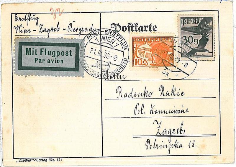 AIRMAIL - 1st FLIGHT Card - AUSTRIA:  Wien / Graz /  Zagreb / Belgrad - 1930