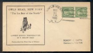 1935 OWLS HEAD, NY THE ICE BOX OF THE NORTH, Lowest Temp!,  1¢ coil pair tied,