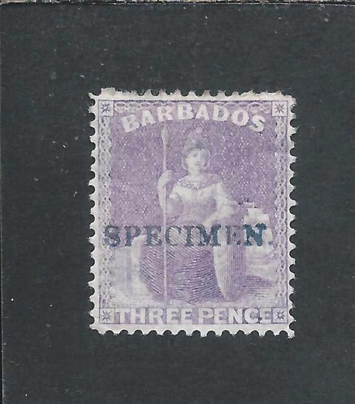 BARBADOS 1875-81 3d MAUVE-LILAC HANDSTAMPED SPECIMEN MM SG 75a CAT £150