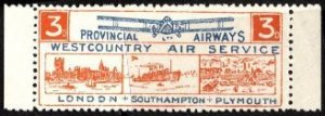 1933 Great Britain Poster Stamp Provincial Airways West Country Air Service