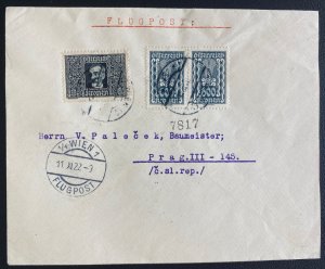 1922 Vienna Austria Airmail Cover To Prague Czechoslovakian