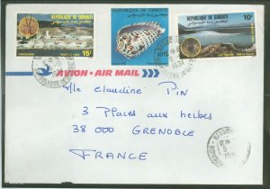 Djibouti 554/575/576 1984 shells - cover to Greonoble, France 10/9/84 horizontal crease & tear on back