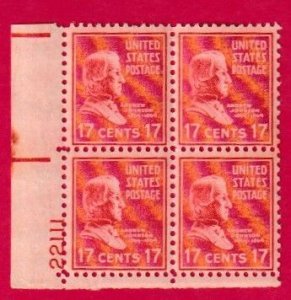 US SCOTT#822 1938 PREXIE 17c ANDREW JOHNSON PLATE BLOCK [4] MNH