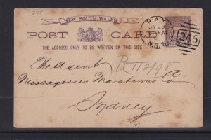 NEW SOUTH WALES, POSTAL CARD, 1d HAY 245 duplex to Messageries Maritimes, Sydney